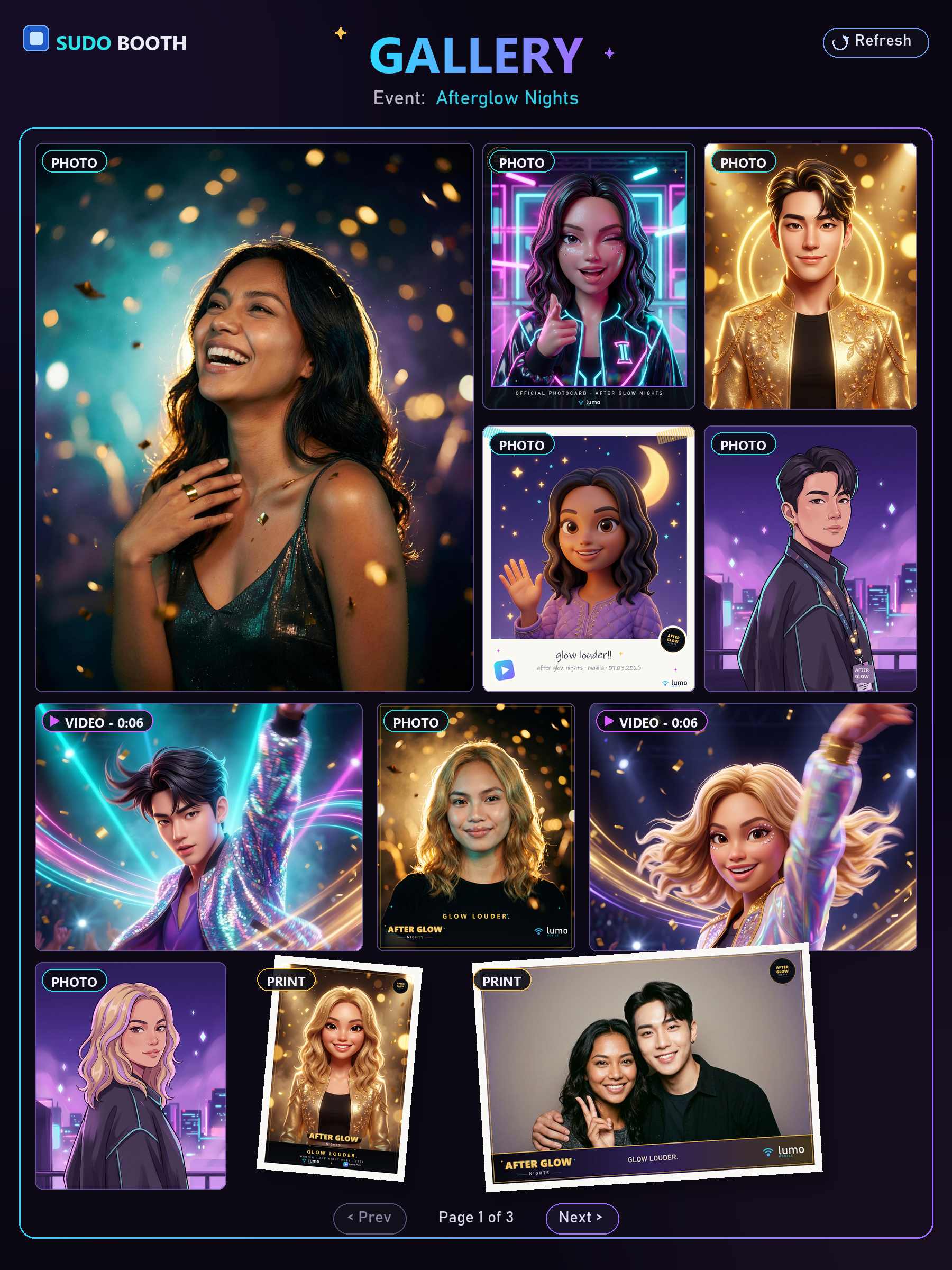 Creative demonstration: a Sudo Booth event gallery screen for the fictional After Glow Nights event, showing a mosaic of AI photo, AI video, and print outputs with event and sponsor branding, output-type labels, and gallery navigation.