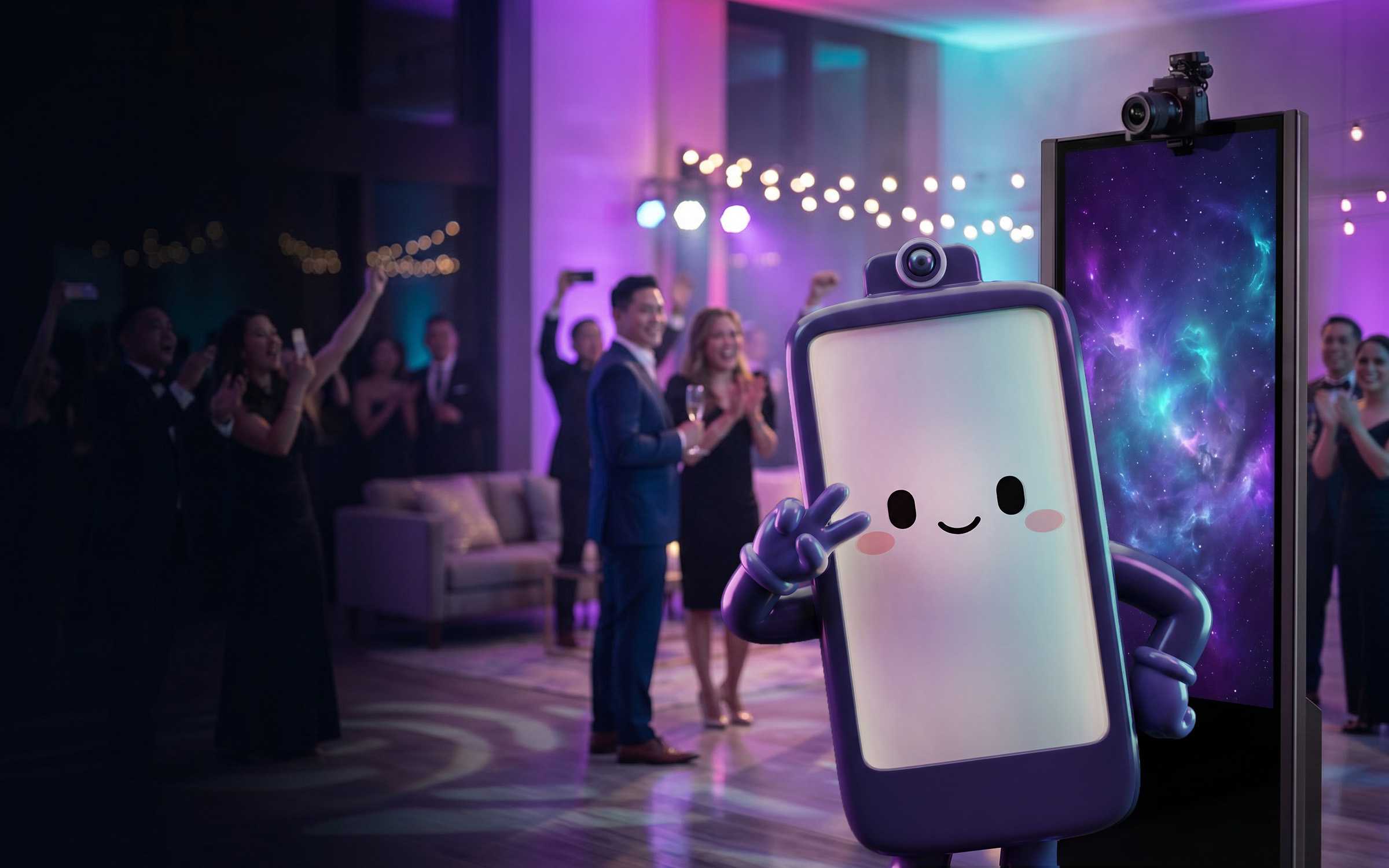 The friendly Sudo Booth mascot giving a peace sign beside a real Sudo Booth kiosk and its camera at a lively evening event, with a celebrating black-tie crowd and string lights behind.