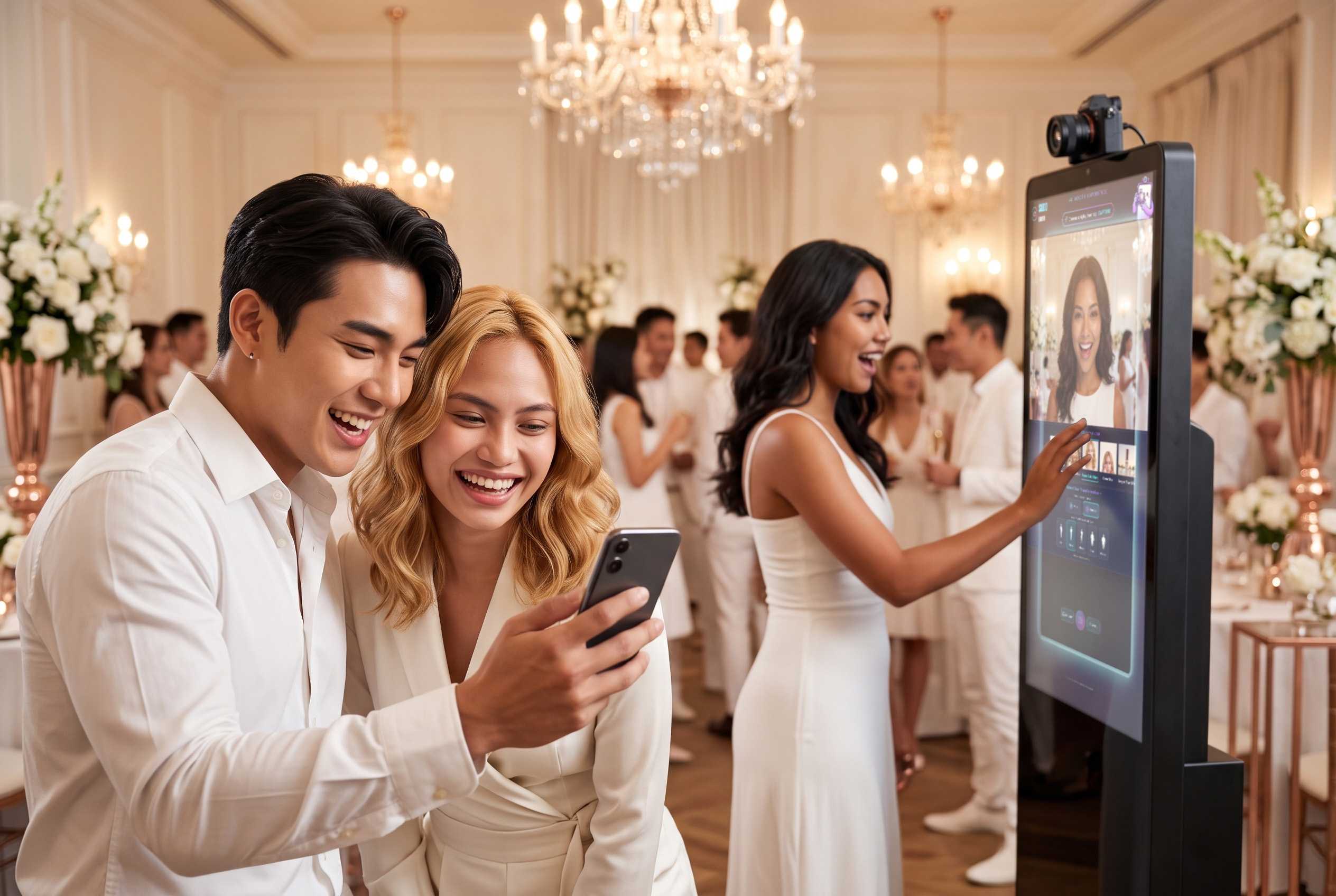 Creative demonstration: guests enjoying a Sudo Booth at an elegant white-themed celebration — a couple laughing as they view their AI photo on a phone, while another guest uses the booth's touchscreen and camera to create hers, in a chandelier-lit ballroom.